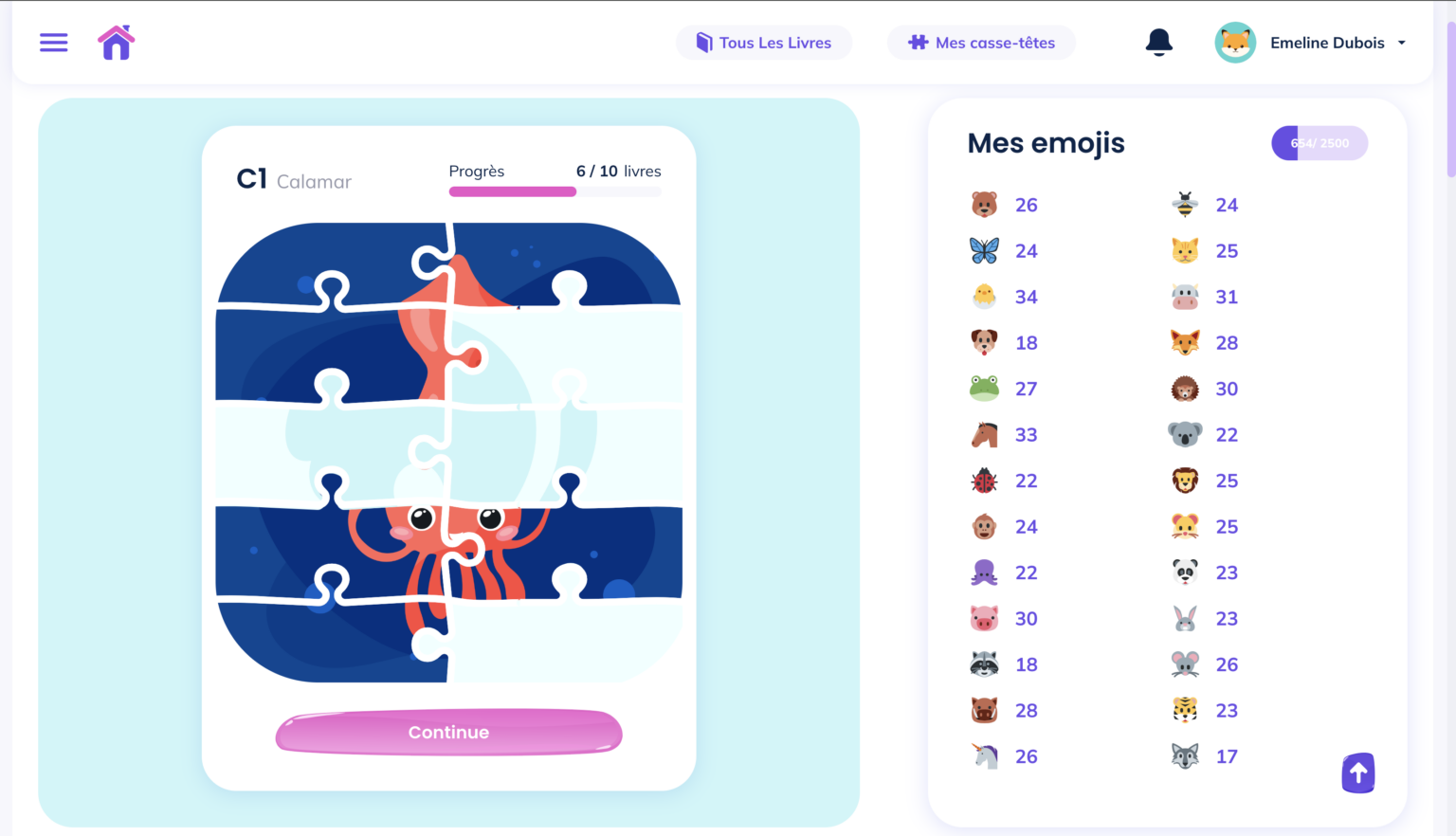 Students keep track of their reading incentives. Here the student sees their emoji collection as well as the puzzle pieces earned on the current puzzle.